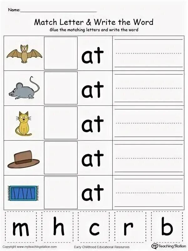 Write the missing letters and read. Phonics word families. at family words. write a letter. match words and letters.
