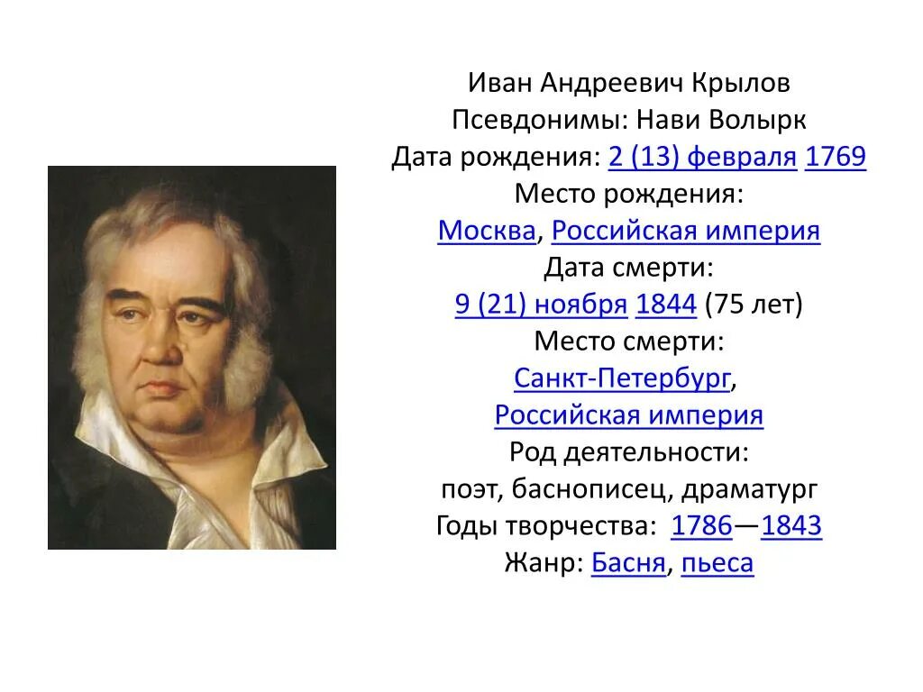 Слушать ивана андреевича крылова. Список произведений Крылова Ивана Андреевича.