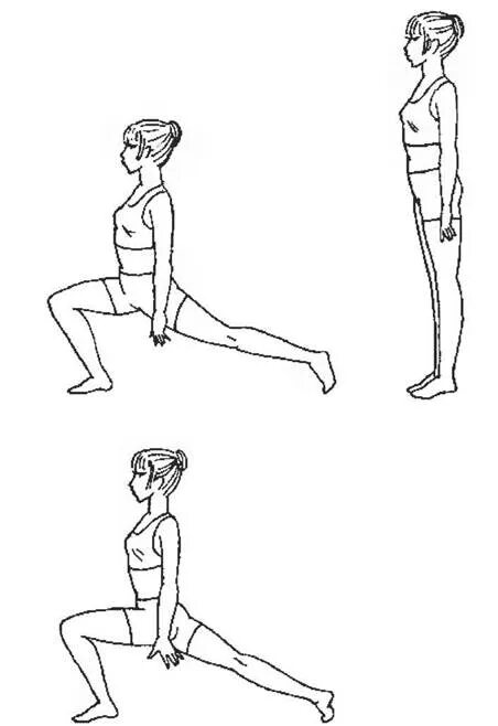 Выпады (продольный и поперечный полушпагат).. Упражнения стоя. Упражнение выпады назад. Выпад правой вперед, руки вперед;.