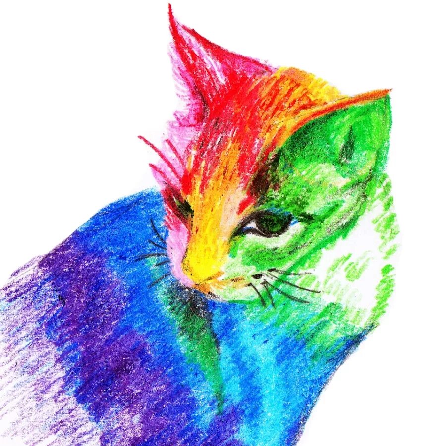 Кошки цветные. Разноцветная кошка. Радужные кошки. Живопись цветными карандашами. Кот рисунок цветной