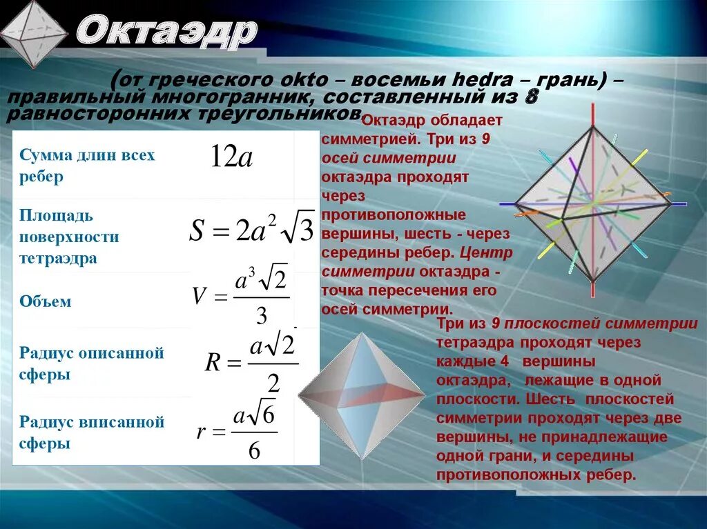 Площадь поверхности правильного октаэдра. Площадь поверхности октаэдра формула. Правильные многогранники октаэдр. Элементы правильного октаэдра.