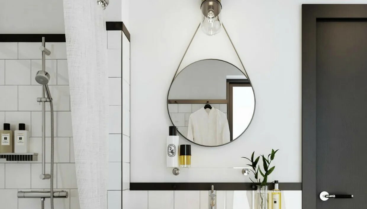 Подвесное зеркало для ванной. Зеркало на ремне в интерьере ванной. Зеркало в ванную в скандинавском стиле. Круглое зеркало в ванную. Подвес в ванную у зеркала.