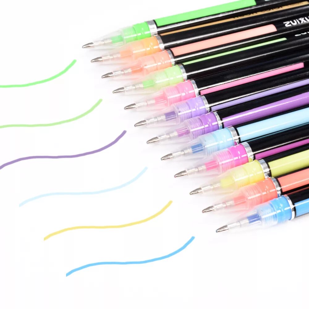 Цветные ручки. Набор гелевых цветных ручек 48 цветов блестками. Neon Color 1.0mm ZUIU hp6207_12 Pastel Pen. Разноцветные ручки для рисования. Гелевые фломастеры с блестками.