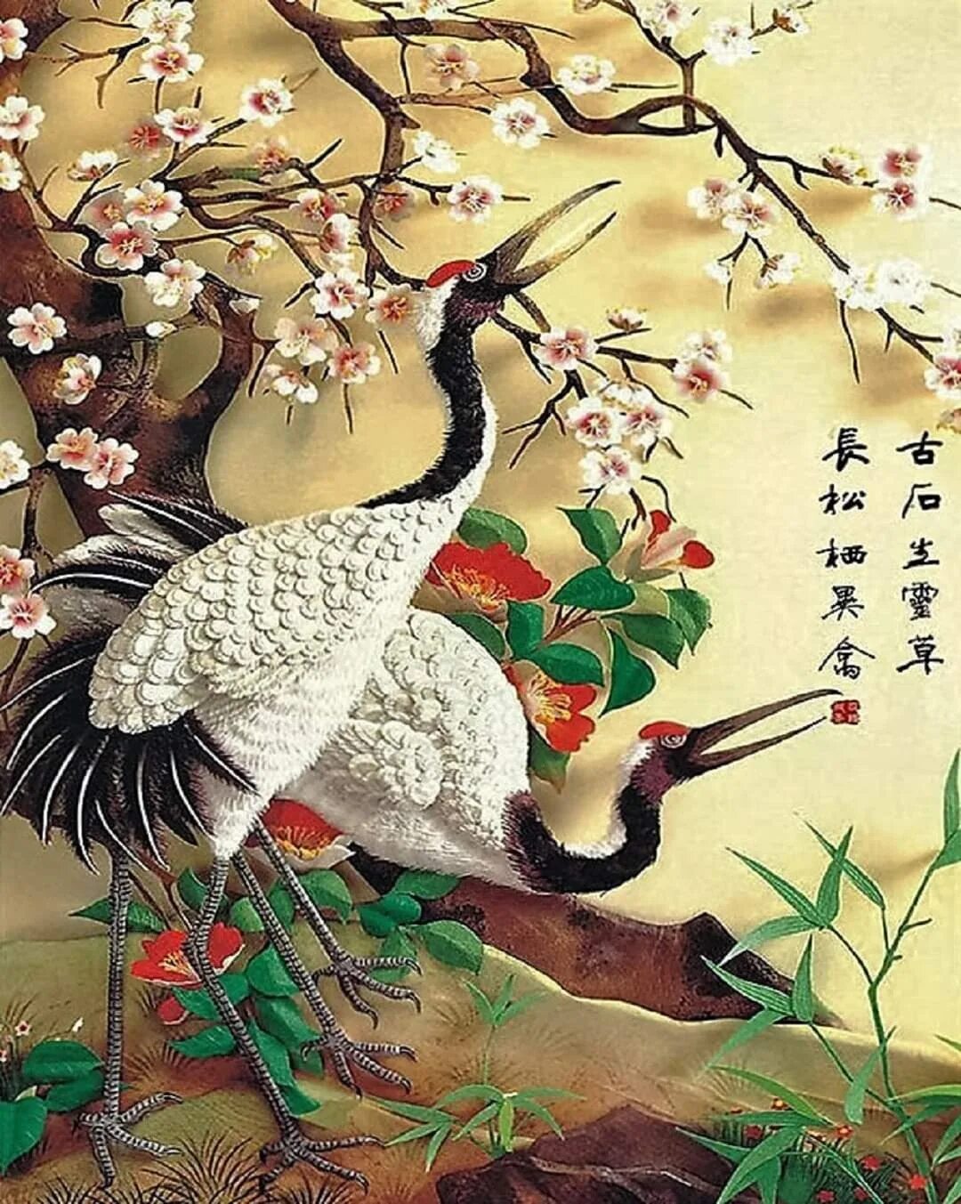 Птицы в японском стиле. Китайские мотивы. Японская живопись Журавли. Алмазная мозаика в японском стиле. Тигр и журавль 2023