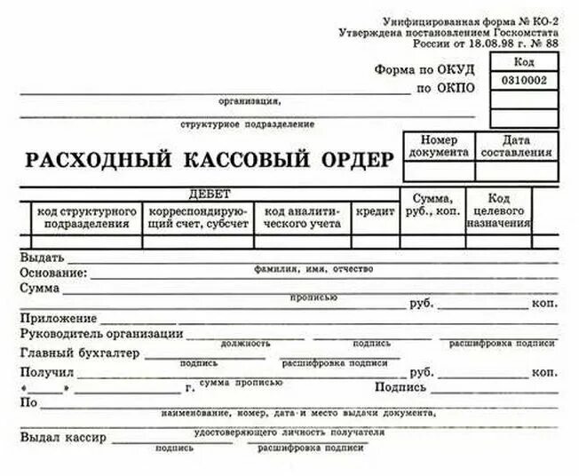 Бланк расходного ордера распечатать