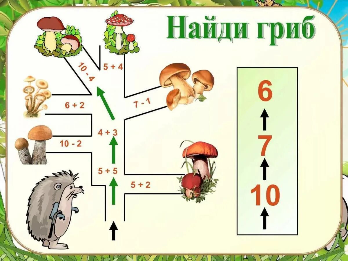 Грибы задания для дошкольников. Задачи для дошкольников про грибы. Задачи в картинках. Задачи на прибавление в пределах 10.