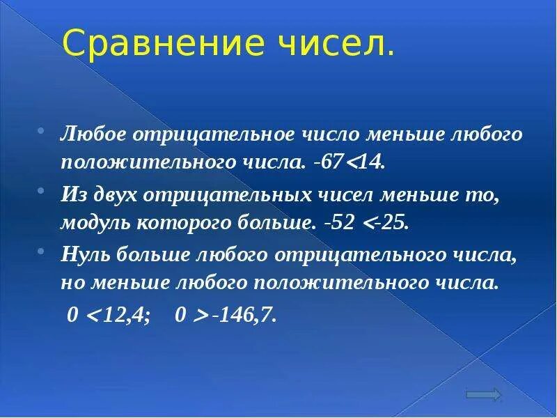 Любое отрицательное число любого положительного числа. Ноль больше отрицательного числа. Отрицательное число меньше нуля. Любое ... Число больше любого отрицательного числа.. Число 0 имеет модуль