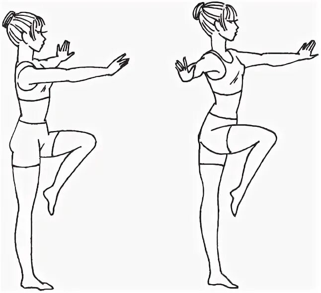 Упражнения одной рукой одно другой другое. Упражнения стоя. Упражнения рисунок. Упражнение цапля. Упражнение стоя колено в сторону.
