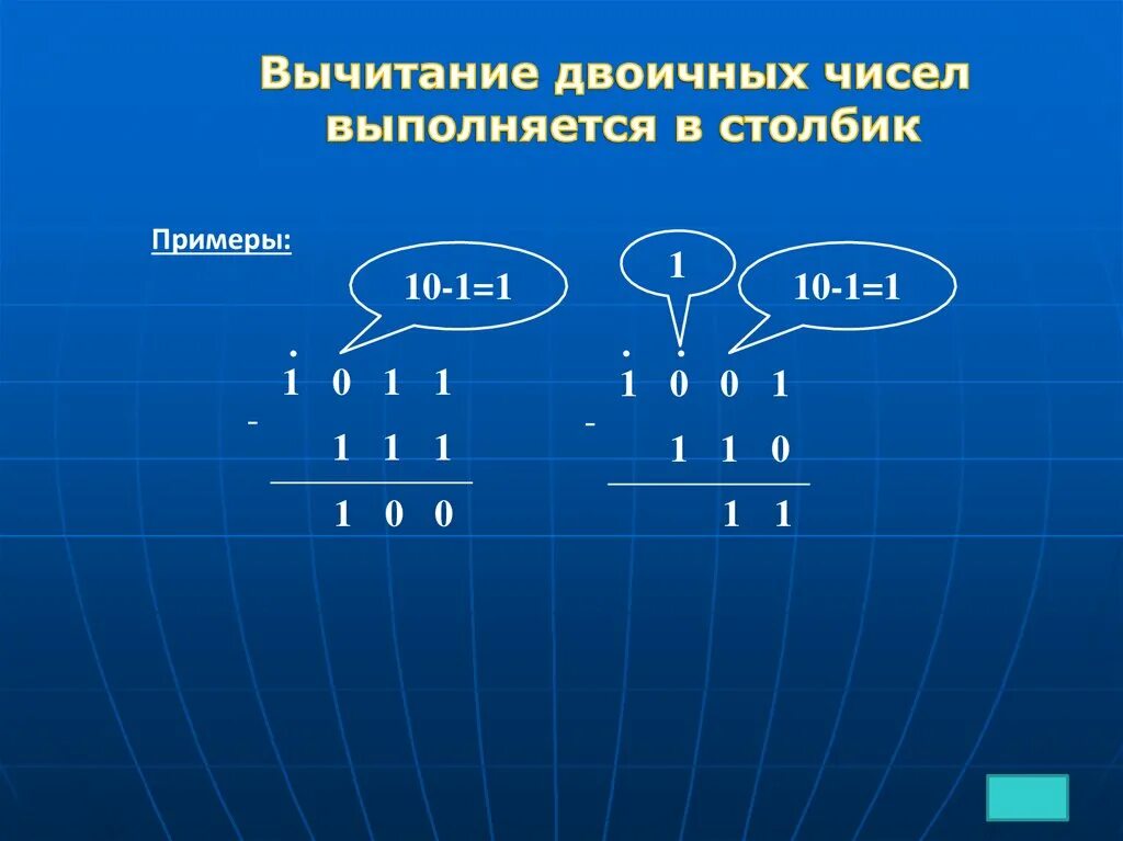 Двоичные числа из 0 1. Вычитание в столбик в двоичной системе. Вычитание двоичных чисел. Вычитание двочины х чимсел. Вычитание двоичных чисел примеры.