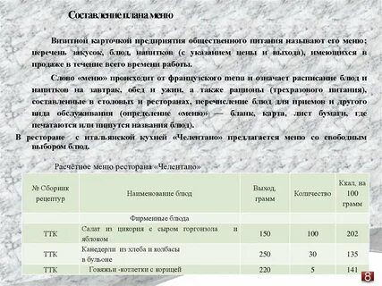 Составление плана меню