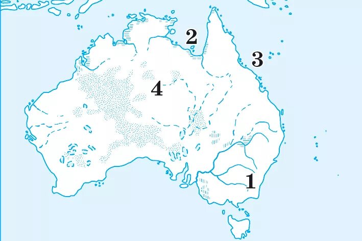 объекты на материке австралия. какими цифрами на карте австралии обозначены. заливы австралии на карте. номенклатура по австралии 7 класс. номенклатура австралии география 7.