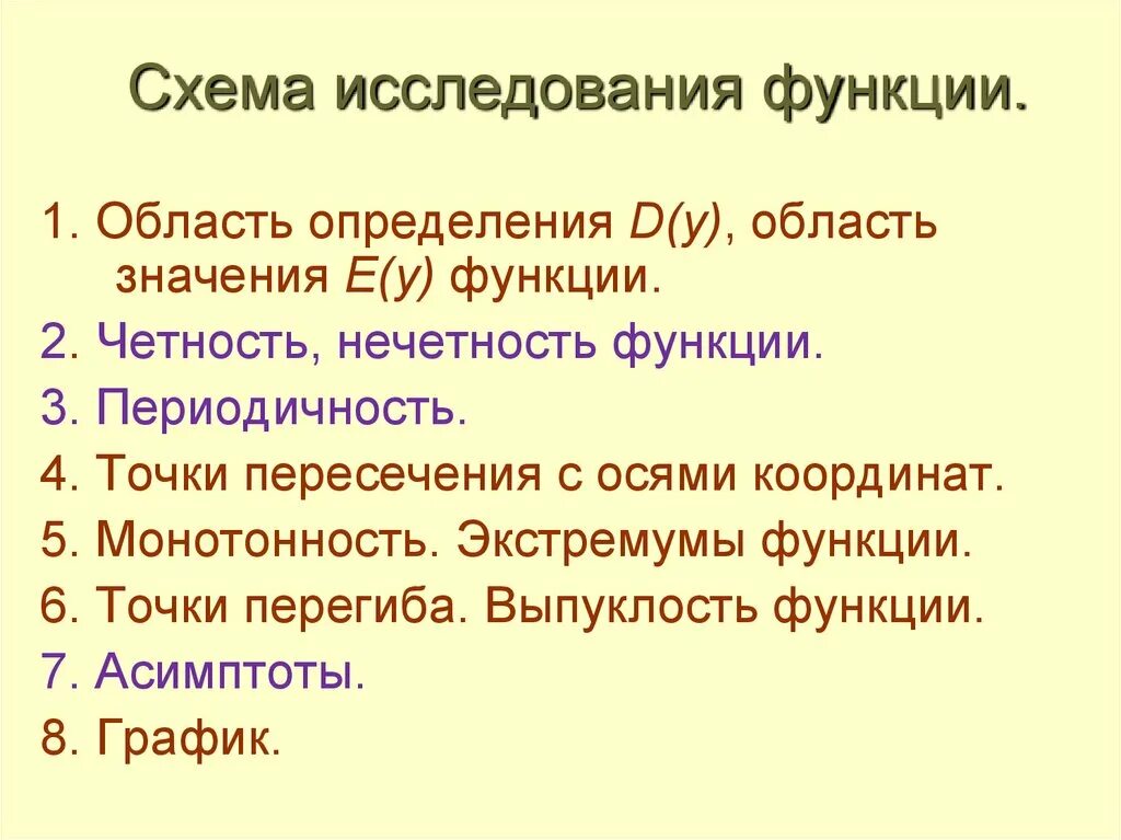 Схема исследования функции. Этапы исследования функции. Общая схема исследованияфуекции. Опишите схему исследования функции.