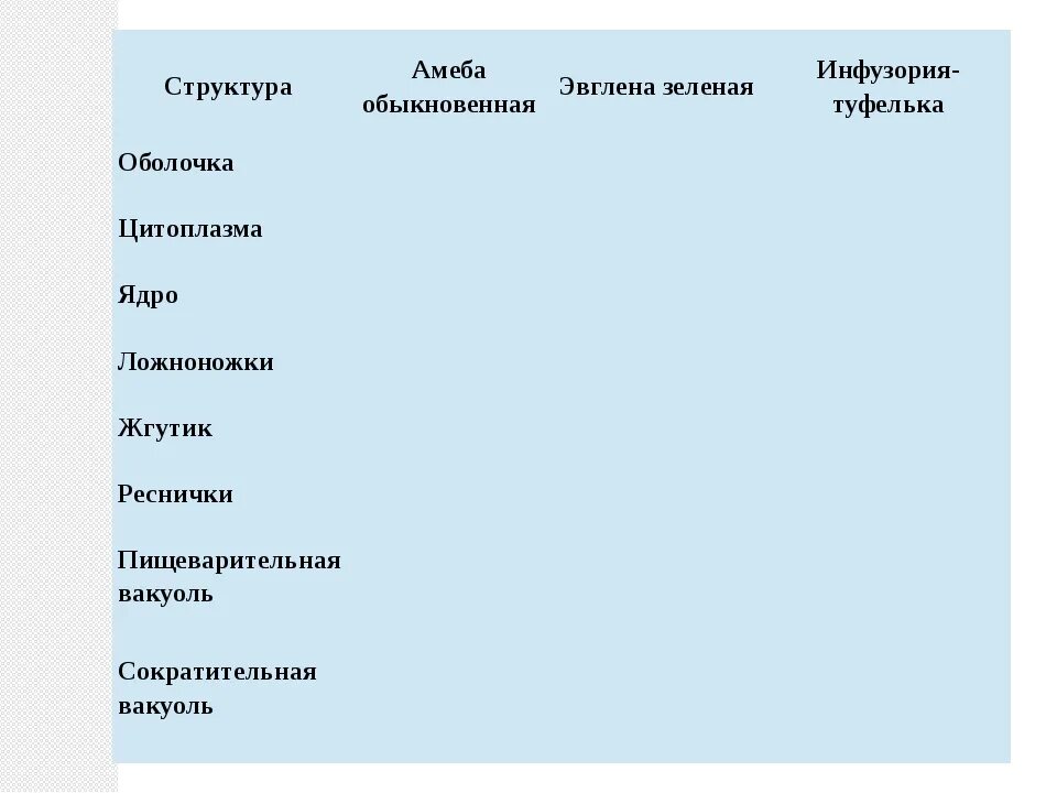 Сравнительная таблица амебы эвглены и инфузории. Таблица амёба обыкновенная эвглена зеленая и инфузория туфелька. Простейшие амеба инфузория туфелька эвглена зеленая. Сравнительная характеристика амебы и эвглены.