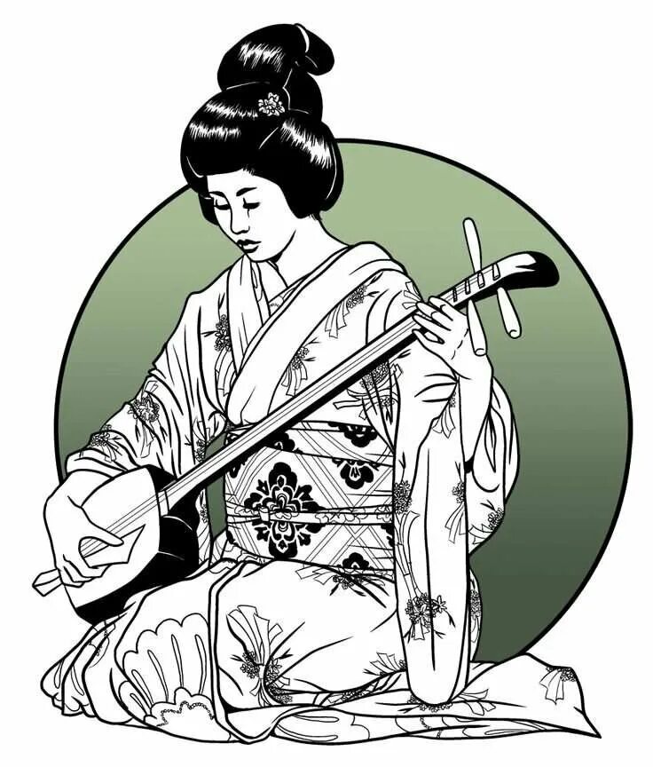Играть в черно белый японский. Гейша с сямисэном. Гейши в Японии с сямисэном. Японский инструмент сямисэн. Японские рисунки.