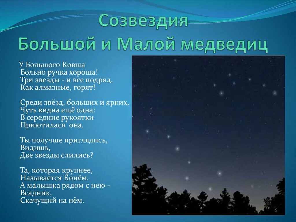 Созвездия медведицы рассказ. Стихи о большой и малой Медведице. Стихи про созвездия. Большая Медведица презентация. Звезды большой и малой медведицы.