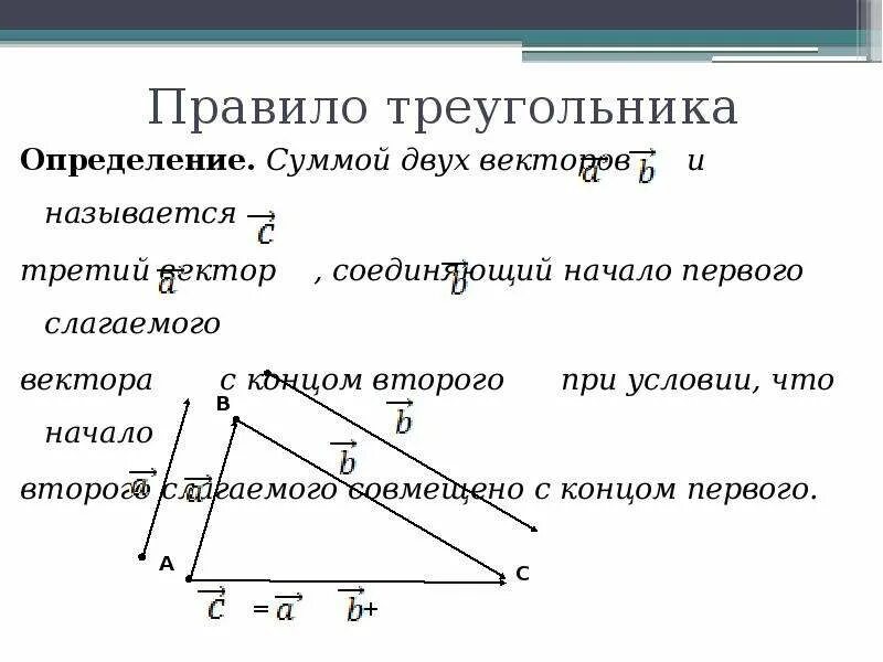 Закон суммы векторов. Сумма векторов правило треугольника. В чем заключается правило треугольника сложения двух векторов. Правило треугольника сложения двух векторов. Правило треугольника определение.