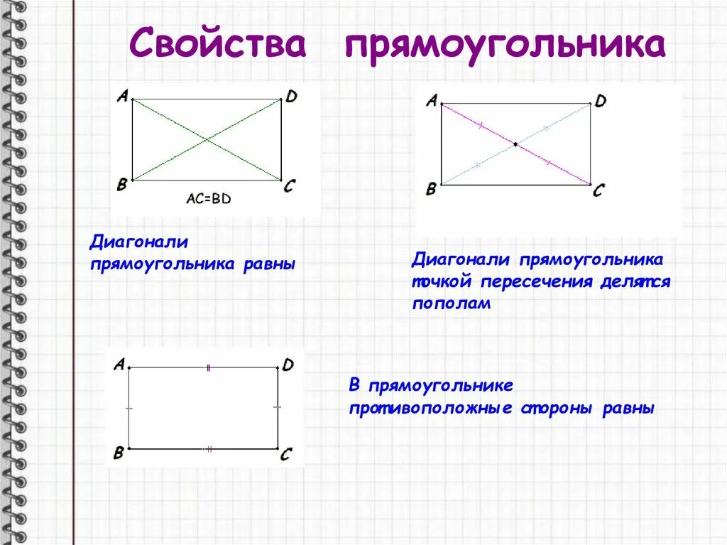 Свойства прямоугольников 2 класс математика. Свойства сторон прямоугольника. Свойства диагоналей прямоугольника. Диагонали прямоугольника равны. Диагонали прямоугольника в точки пер.