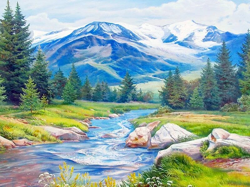 Где пейзаж. Алмазная мозаика «река в лесу». пейзаж горная река. пейзаж с горной речкой. горы река картина.