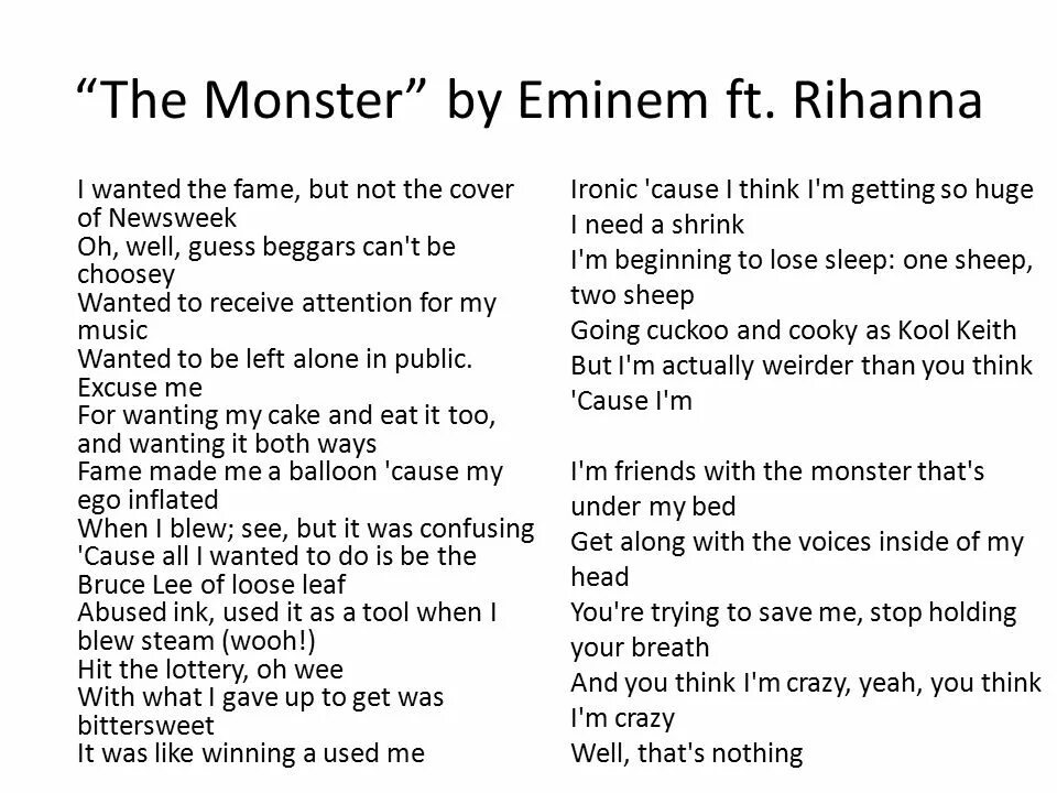 Песня dick men перевод. Текст песни Monster. Monster Eminem текст. Monster Rihanna текст. «The Monster», Eminem & Rihanna; текст.