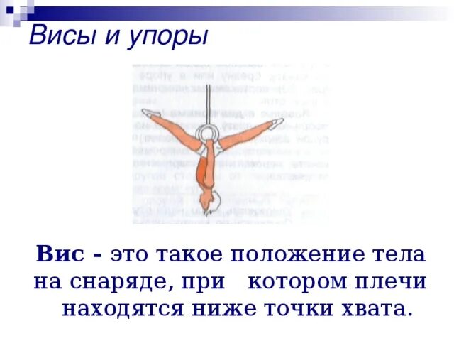Висы и упоры. ВИС положение тела. Висы и упоры в гимнастике. Положение тела на снаряде при котором плечи находятся ниже точки.