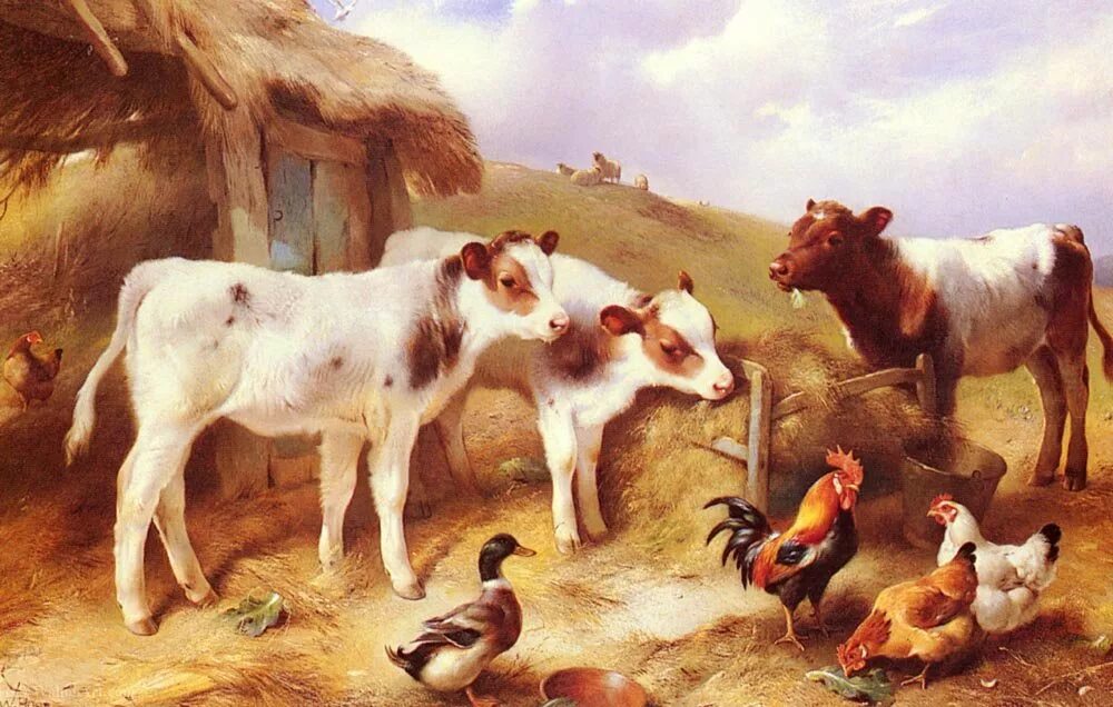 Петух корова лошадь. Домашний скот и птица. Скотный двор живопись. Корова картина. Коровы и куры.