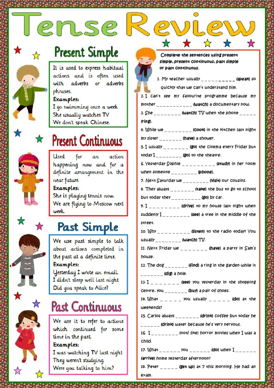 Present continuous revision. Past Tenses упражнения. Past simple present Continuous. Present past Continuous упражнения for Kids. Present simple Continuous past simple упражнения.