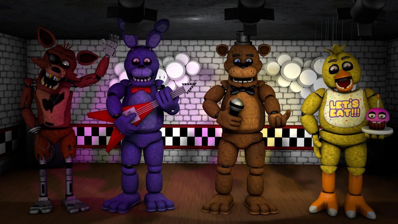Фредди хазбер. Аниматроники фнаф 1. фнаф 1 сцена с аниматрониками. fnaf 1 аниматроники. фредди 1 часть.