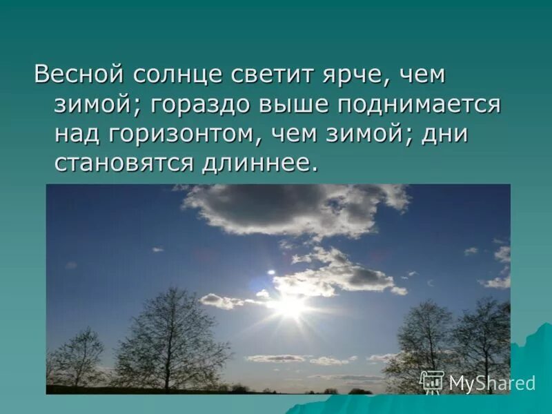 Солнце светит весной. Солнце поднимается. Весной солнце поднимается выше.