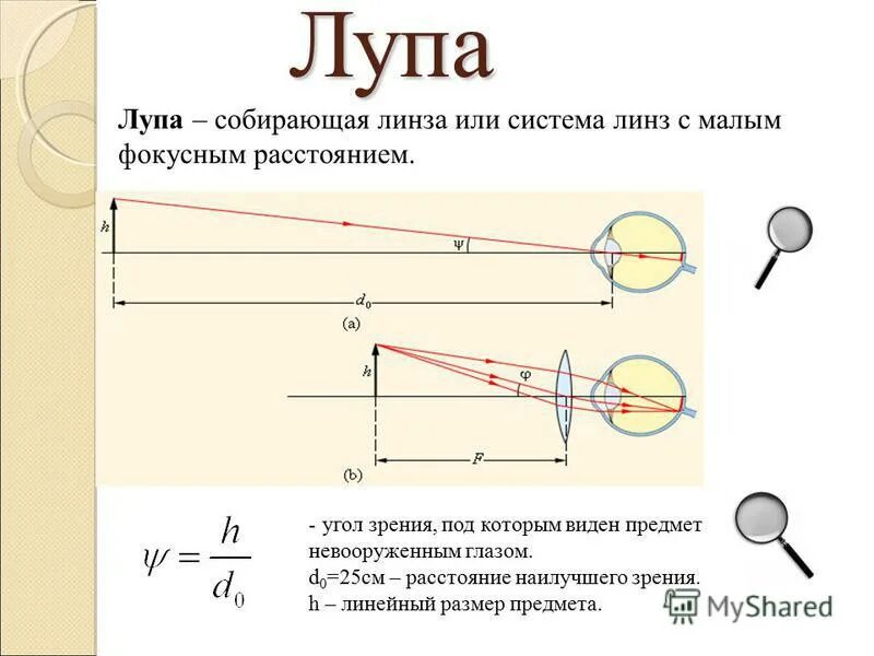 Геометрическая оптика собирающая линза. Оптический прибор лупа ход лучей. строение лупы физика. геометрическая оптика лупы.