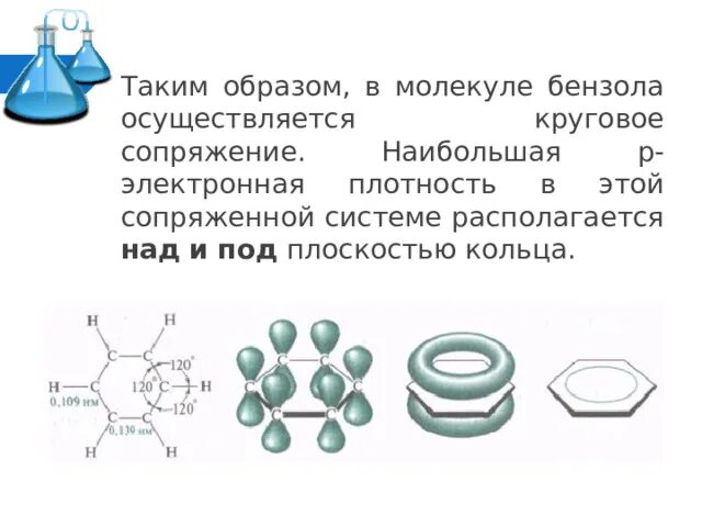 Число атомов в молекуле бензола равно. Строение молекулы бензола. сопряжение в молекуле бензола. сопряжение в бензоле. электронная плотность в молекуле бензола.