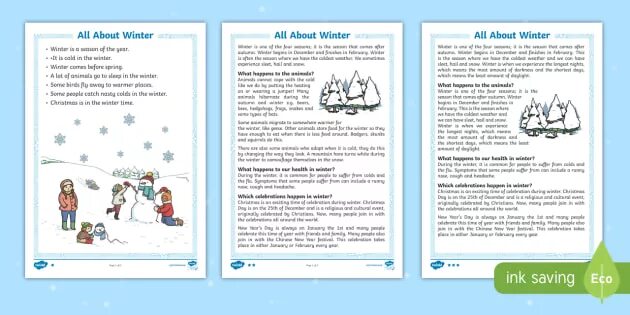 Read the text on which holiday. My winter holidays. reading about winter holidays for kids. questions about winter holidays. text about winter holidays for kids.