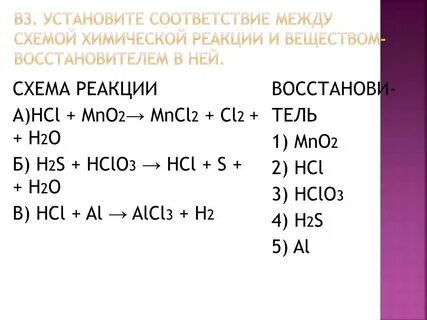 Установите соответствие cl2 o2
