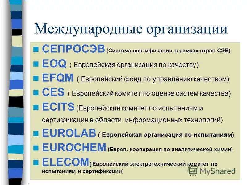 Компании по сертификации. Международные организации. Международные и европейские организации в области сертификации. Международные организации по качеству. Европейские организации по стандартизации.