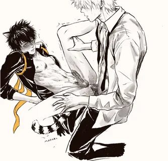 gintoki sakata, gintama, hi res, partially colored, 2boys, anal, anal juice...