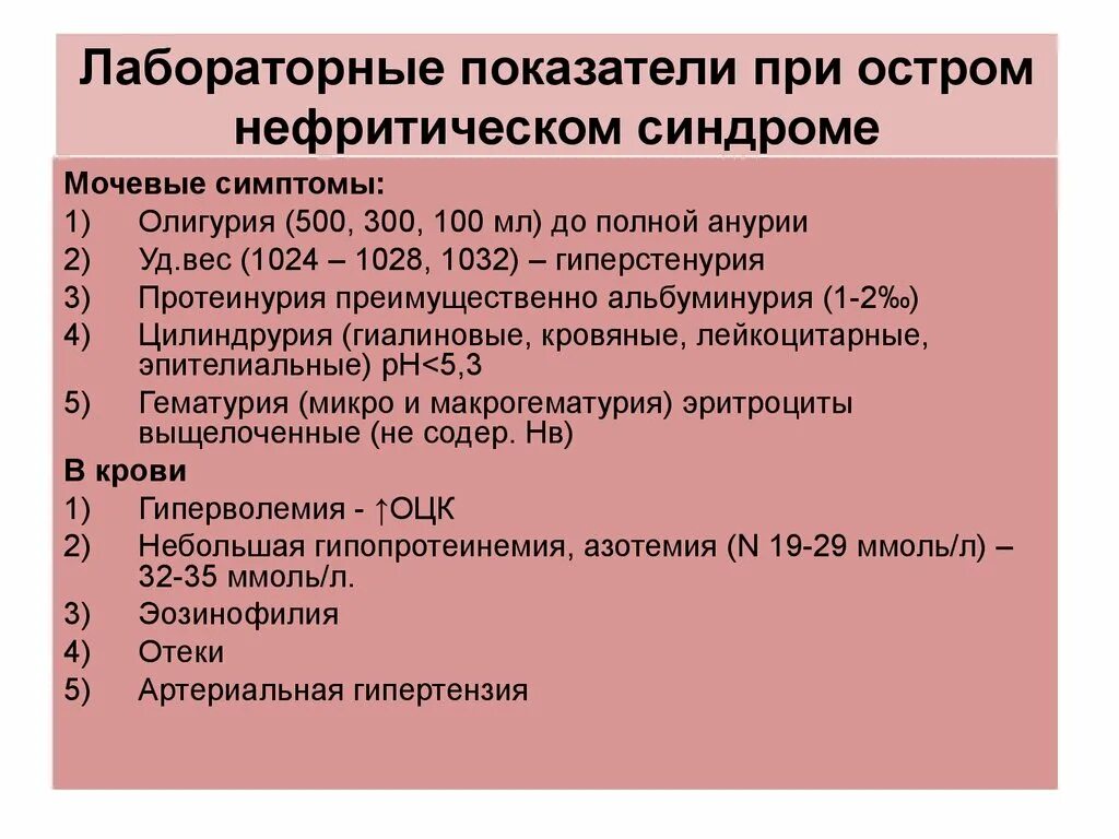 Лабораторные признаки нефритического синдрома. Нефритический синдром анализ мочи. Общий анализ мочи при нефритическом синдроме. Лабораторные исследования при нефротическом синдроме.