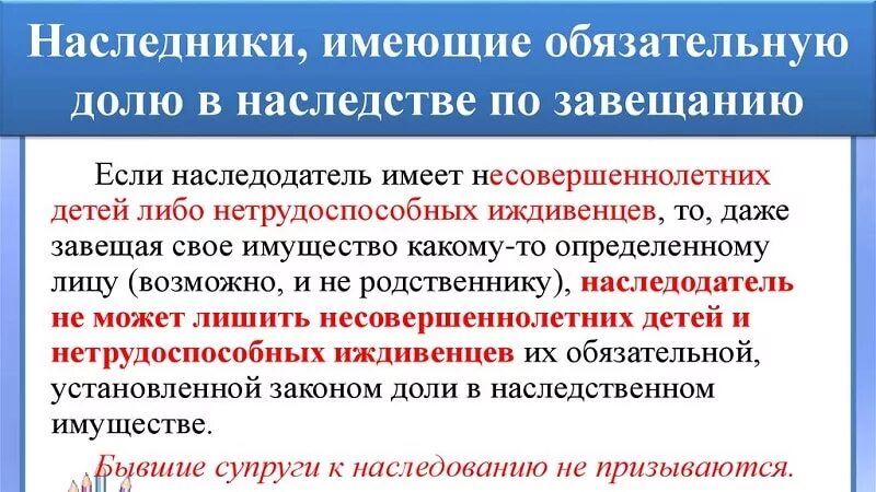 Размер обязательной доли в наследстве. Обязательные Наследники при наследовании по завещанию. Наследники, имеющие право на обязательную долю. Под наследники в завещании