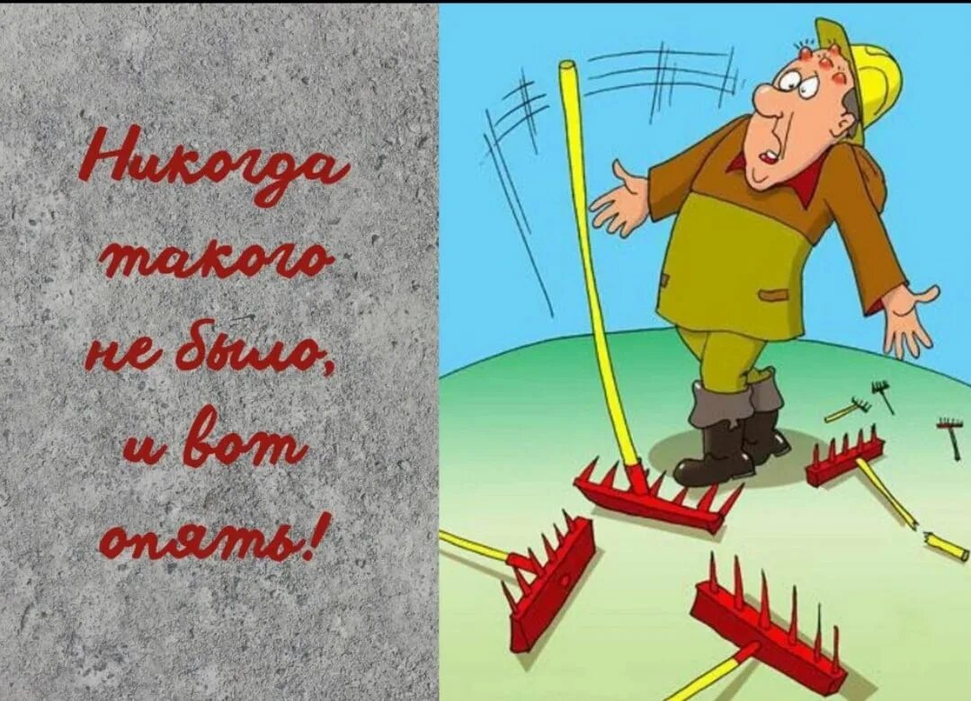 Высокоинтеллектуальные шутки. Человек наступает на грабли. Наступить а это нам. Наступать на одни и теже грабли. Веселые открытки.