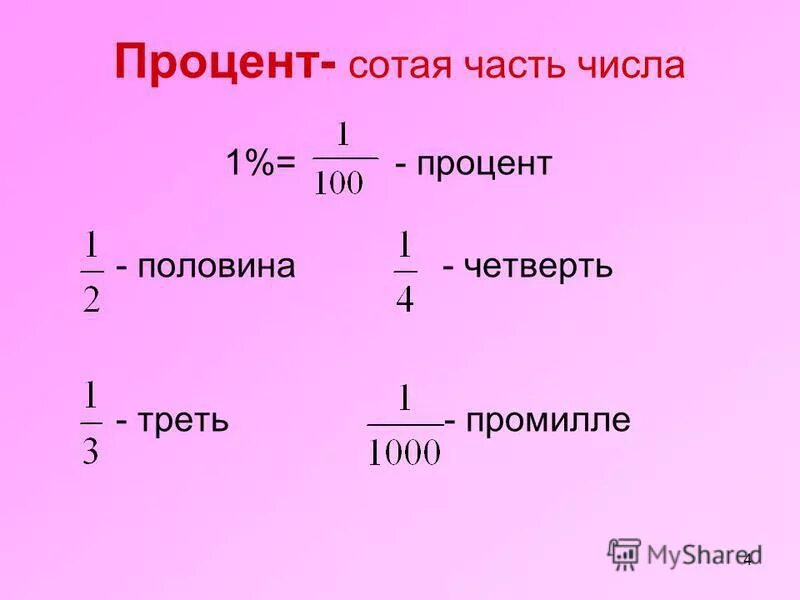 Найди сотую часть чисел. Сотая часть числа. Треть в процентах. Половина треть четверть.