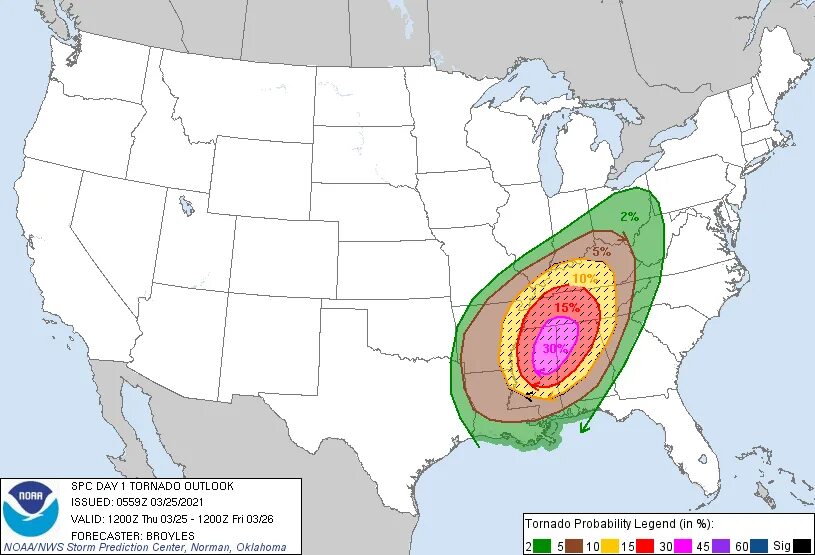 25 апреля 2021. Карта вероятности Торнадо. High Tornado risk. NOAA'S National weather service (NWS). Hatched area.