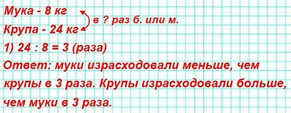 За неделю израсходовали 63 кг муки. В столовой израсходовали 8 кг муки и 24 кг крупы. На сколько раз 24 больше 8. V=42 математика. В кафе за день израсходовали 16 кг муки и 4 кг крупы решение.