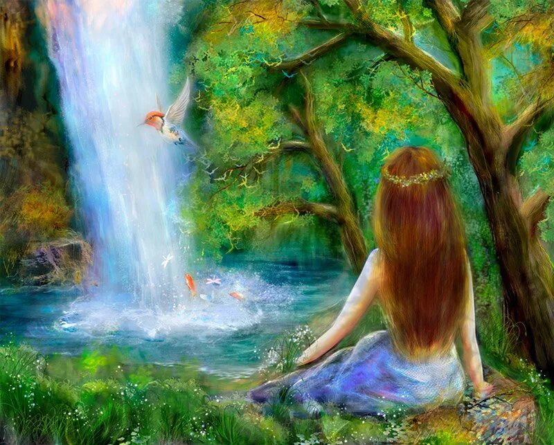 Очаровательно волшебно. Картины девушек и природы. Волшебный водопад. Человек и природа рисунок. Гармония природы.