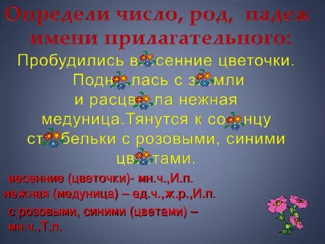 Значения имен прилагательных обобщение. Как определить род число падеж имени прилагательного. Как определить род число и падеж у прилагательного. Зелёное растение определить род прилагательного. Цветник множественное число.