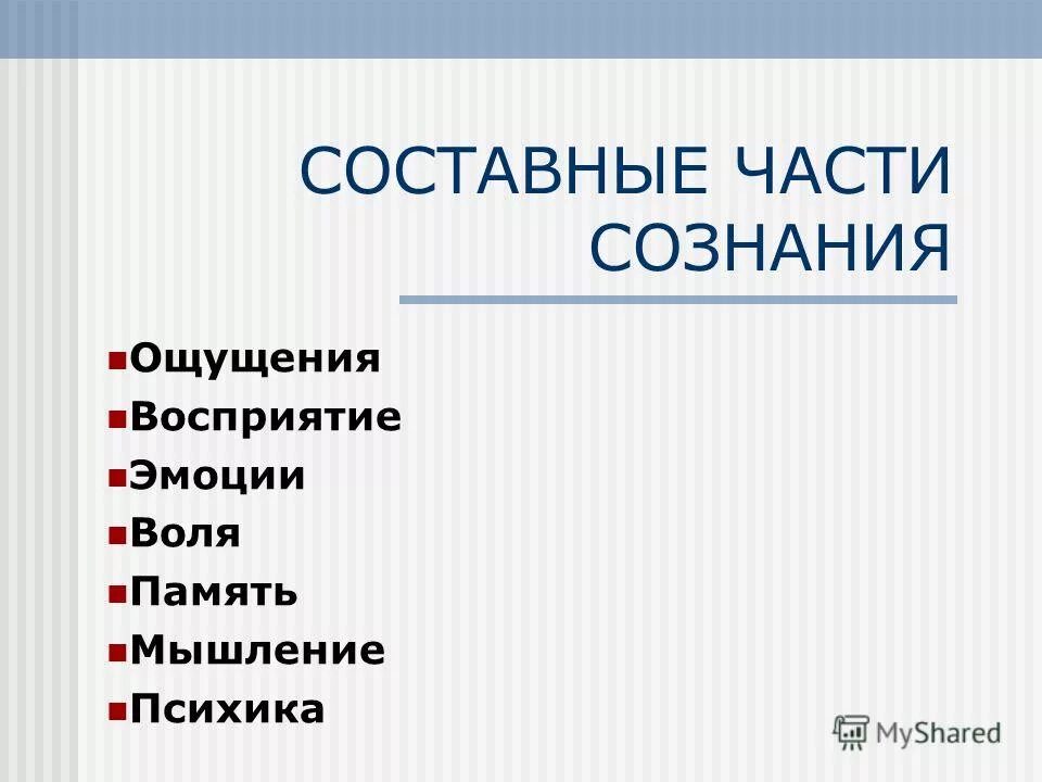 Субъективное сознание соответствия. Части сознания. Мышление, эмоции, , Воля, сознание. Субъективная реальность. Сознание как идеальное отражение.