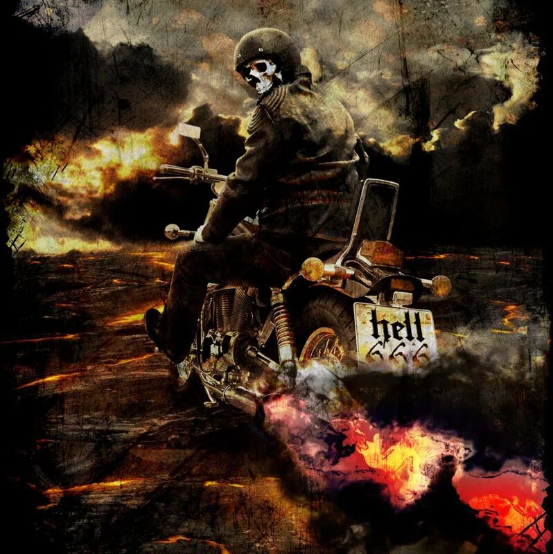 Bike of hell. Скелет на мотоцикле. Байкер арт. Скелет байкер.