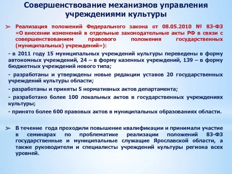 Совершенствование государственных и муниципальных услуг. Управление учреждением культуры. Основные законодательные акты в области образования. Проблемы культуры в Ярославской области. Государственные муниципальные и частные учреждения культуры.