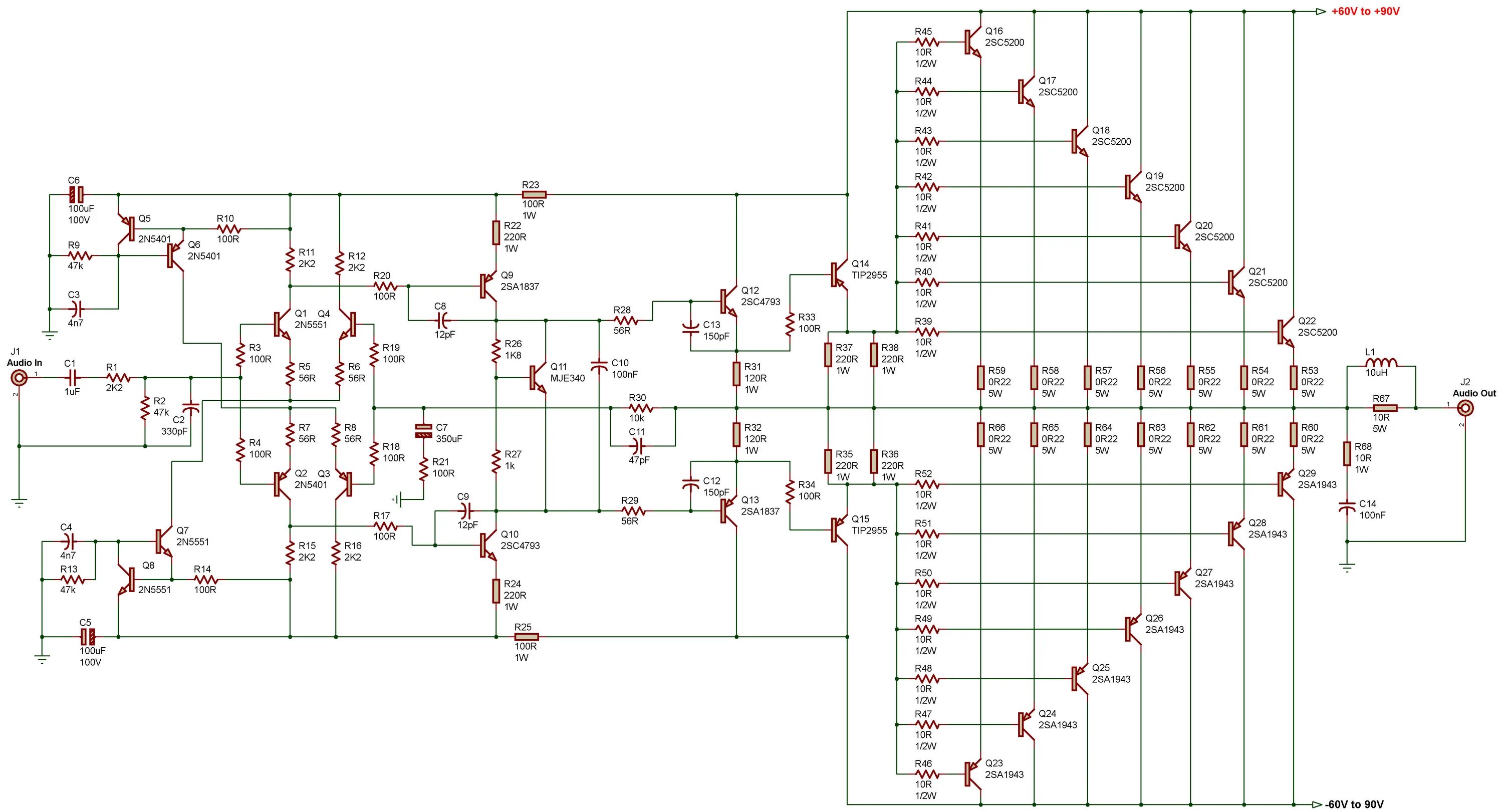 2sc5200 2sa1943 усилитель схема Схема усилителя ланзар на 2sc5200 и 2sa1943