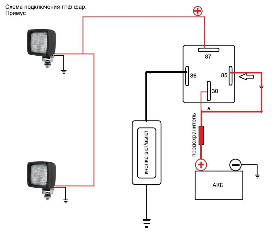 Противотуманные фары с реле схема включения. Схема подключения противотуманки через реле. Как подключить ПТФ через реле на кнопку. Схема подключения противотуманных фар через реле и кнопку. Far подключение
