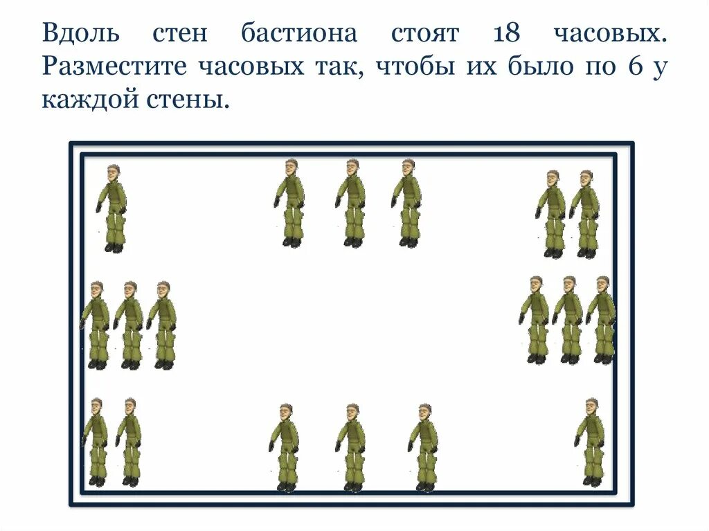 Расставь часовых. Вдоль стен бастиона 16 часовых. Задача вдоль стен квадратного бастиона. Вдоль стен квадратной крепости требовалось поставить 16 часовых. Как расставить часовых с каждой стороны по 6 человек.