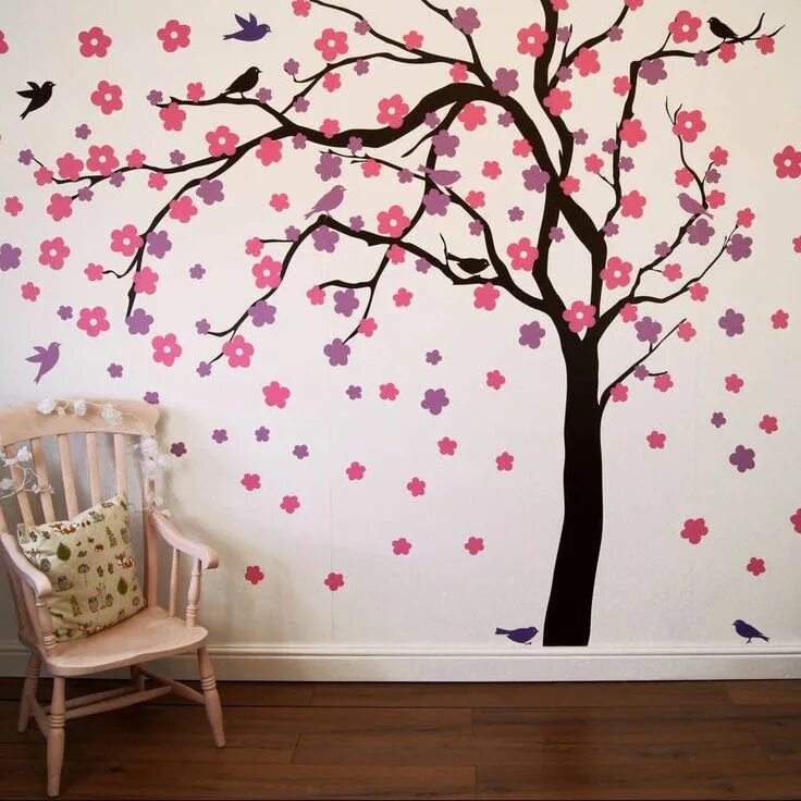 Сакура на стене. Дерево на стене. Аппликация на стену. Декоративное дерево на стену. Разрисованные стены.