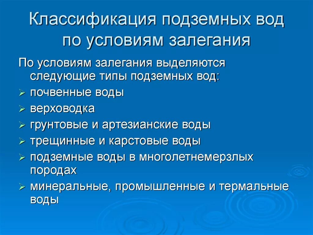 Подземные воды условия залегания. Классификация подземных вод. Классификация подземных вод по условиям залегания. Грунтовые воды классификация. Классификация подземных вод грунтовые.